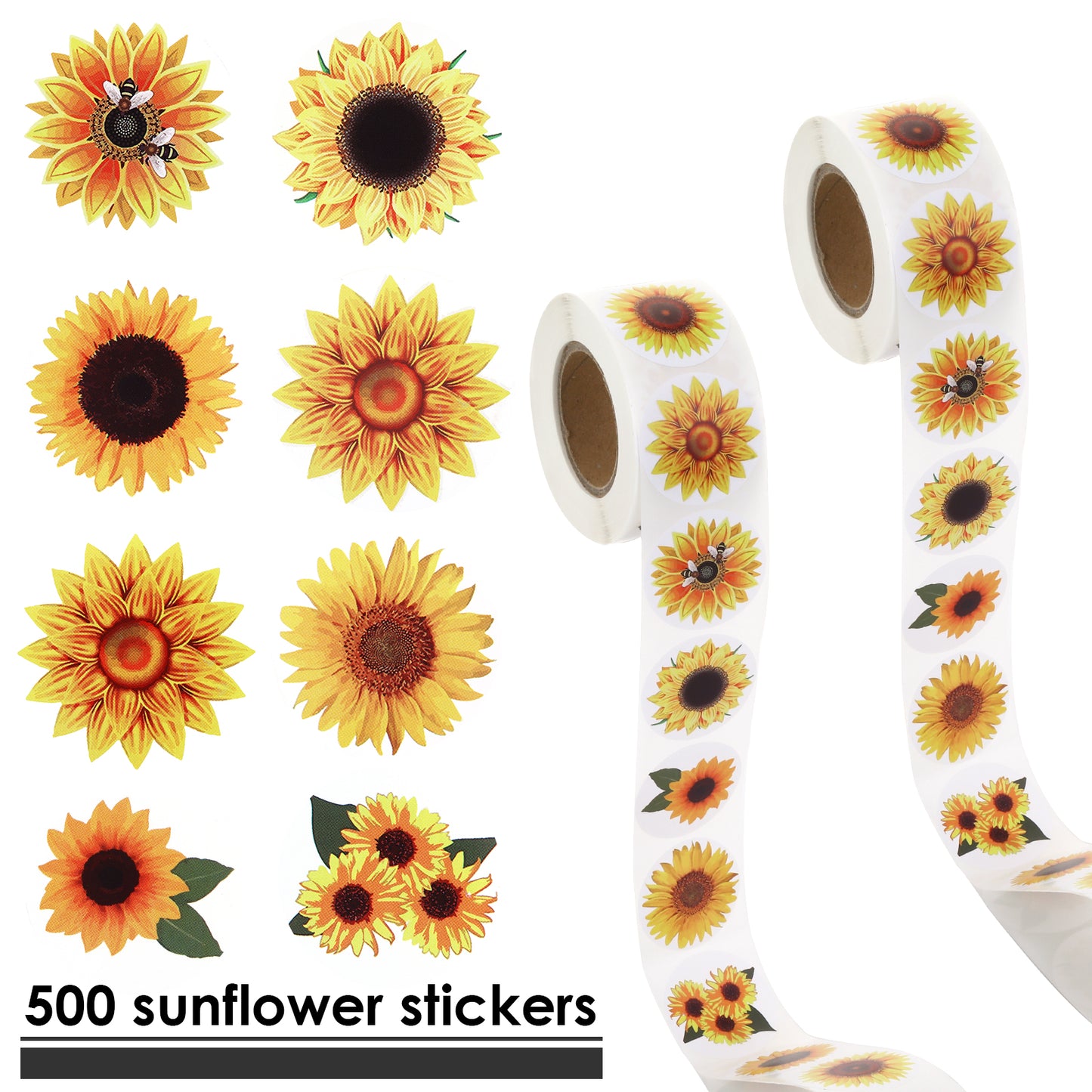 ASTER Sunflower Stickers, 1.5 Inch Sunflower Labels with 8 Sunflower Patterns for Christmas, Thanks Giving, Greeting Cards, Scrapbooking, Envelopes Present for Sealing and Decoration (500 Pieces)