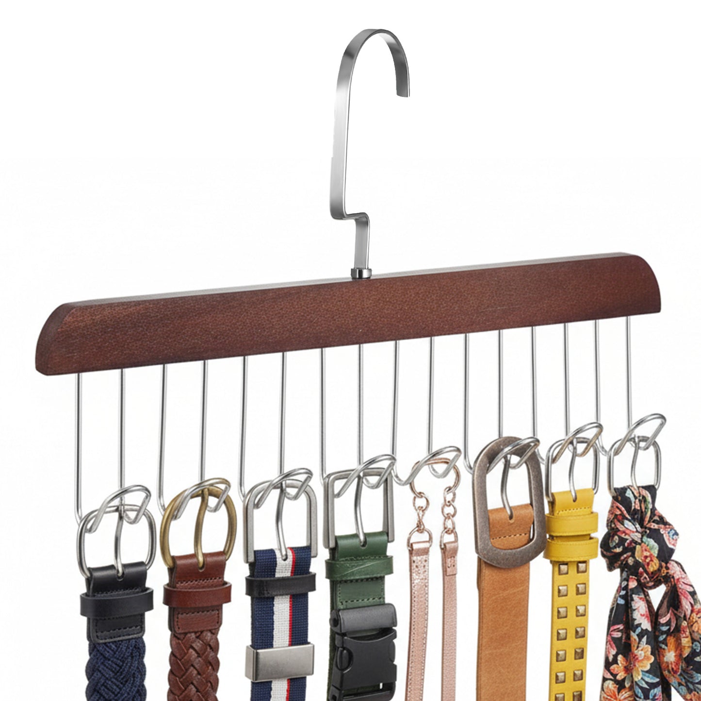 1 Pack Natural Wooden Belt Organizer & Hanger, 2-in-1 Wall Mount Use, with 8 Hooks, Large Capacity Space Saver, for Storing Belt, Tie, Bra, Tank Top, Scarf, Hat, Accessories, Suitable for Men Women