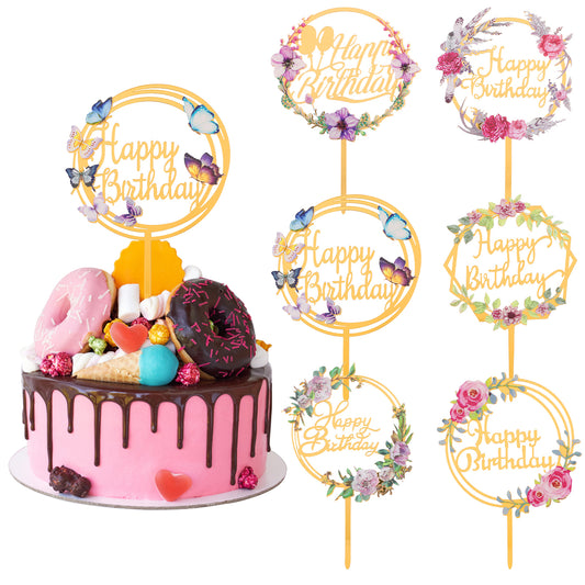 ASTER Gold Happy Birthday Cake Toppers,6 Pieces Gold Acrylic Flowers Cake Toppers Glitter Dessert Toppers for Birthday Party Anniversary Cupcake Cake Decoration-6 Styles