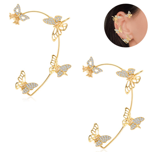 ZEYIYER 2 Pcs Butterfly Ear Cuffs No Piercing, Rhinestone Butterfly Earrings, Gold Butterfly Ear Wrap for Women