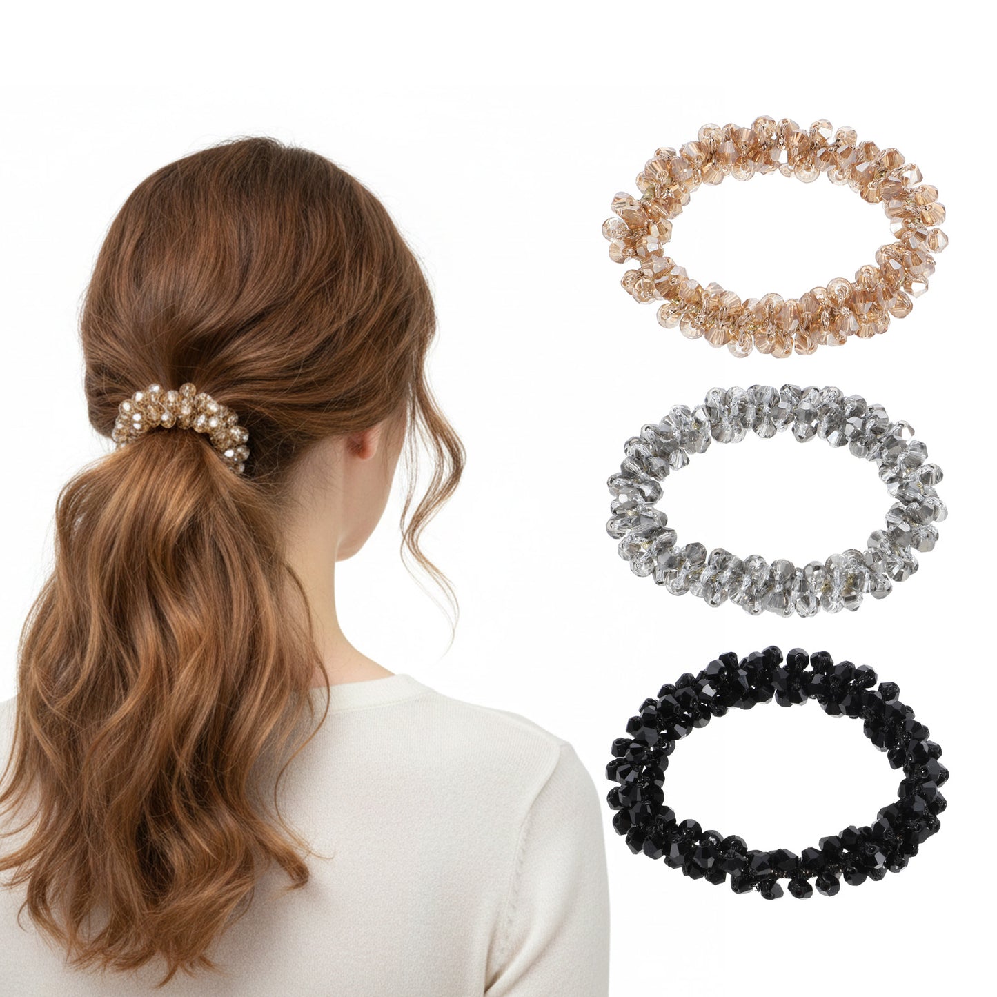 3 PCS Rhinestone Hair Ties, Elastic Ponytail Holders, Glitter Crystal Hair Scrunchies Ties, Headband Beaded Hair Accessories for Girls Women