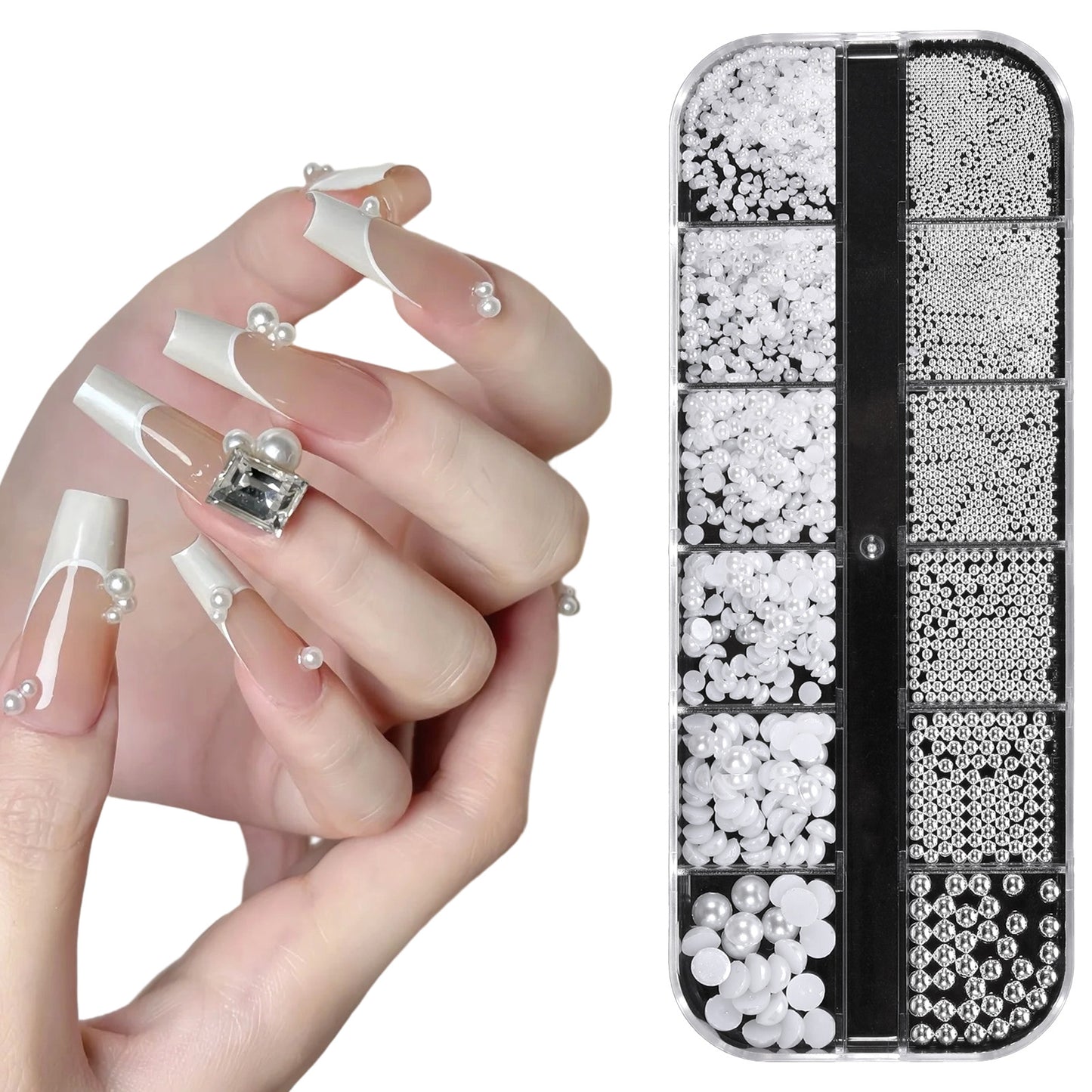 1 Box/12 Grids Nail Art White Pearls Kit 12 Sizes, White Flatback Pearls Nail Jewelry Manicure Bead Kit for Nails Design Cute Beads Fingernail Decorations for Craft DIY Nails Makeup