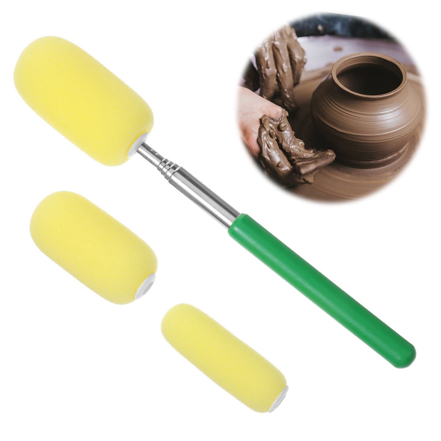 1 Pc Telescoping Sponge Stick for Pottery, 38" Long Stainless Steel, 3 Detachable Sponge Heads Pottery Tool for Water Removal & Shaping in Tall/Narrow Forms