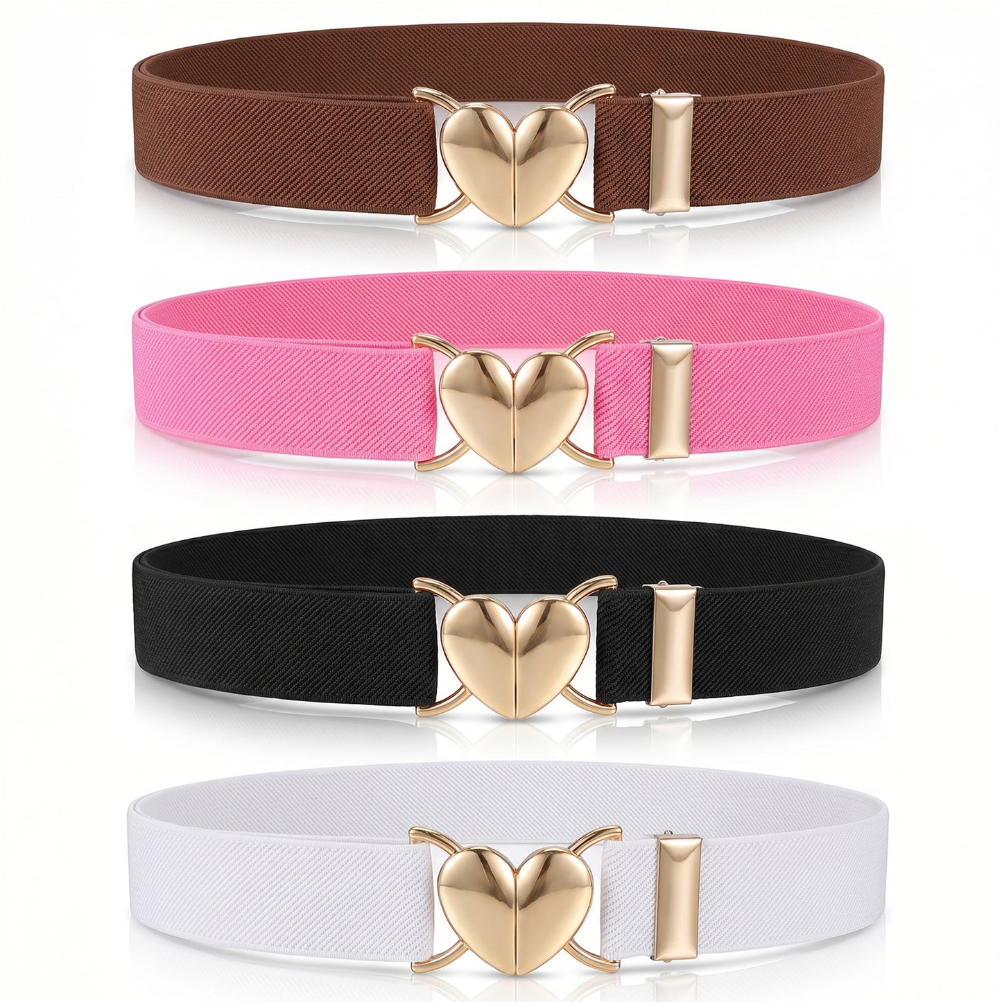 LLOUSSAK 4 Pack Elastic Girls Belt, Adjustable Cute Heart Shape Belts, PU Leather Girls Belt with Alloy Buckles, 16-32 Inches Stretch Belts for Jeans Dresses Parties School (Black+White+Brown+Pink)