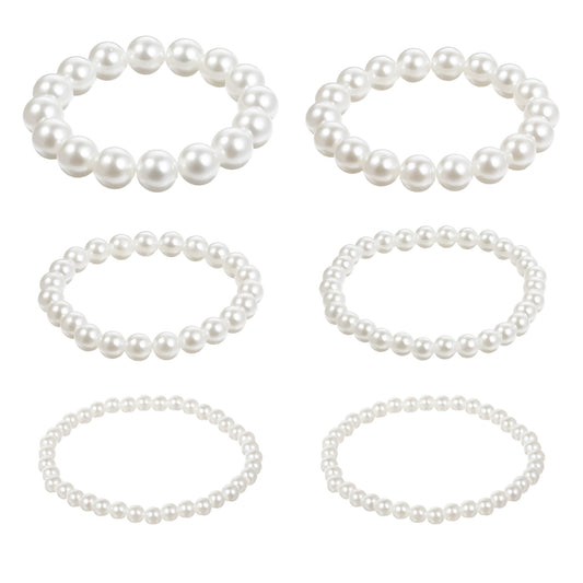 YQQYG 6 PCS Pearl Bracelets for Women, Stackable Bracelets 5 Sizes Pearl Bracelet, Elastic Bridesmaid Beaded Bracelet for Wedding Bridal Party