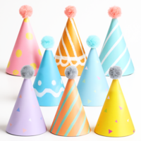 Aysatogc 8PCS Birthday Party Hats for Stuffed Animals, Colorful Cone-Shaped Celebration Headwear with Pom Poms Lovely Paper Cone Tiny Birthday Hats Birthday Party Supplies & Decorations