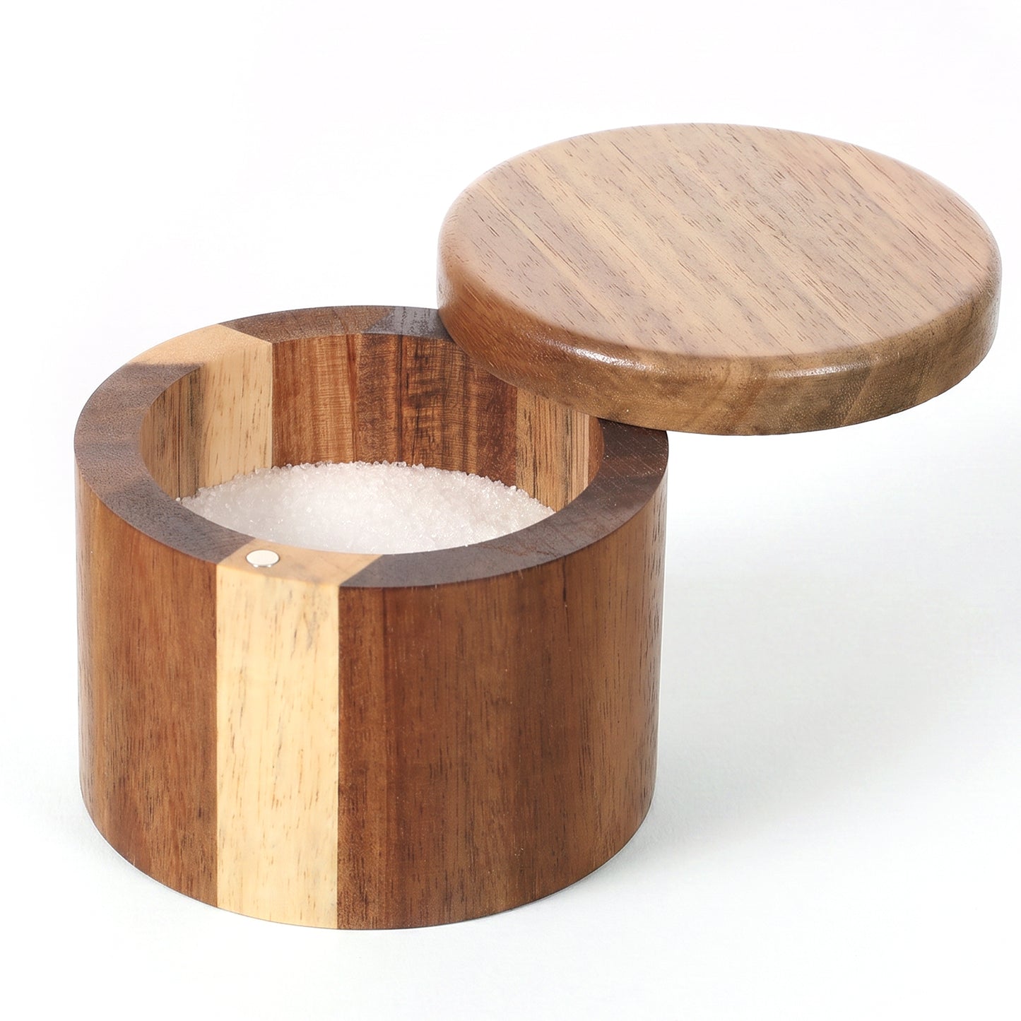 Grevosea Acacia Wood Salt Cellar with Swivel Magnetic Lid, Elegant 6oz Kitchen Holder Container for Pepper Spice Seasoning Storage, 360° Rotating Countertop Box for Bath