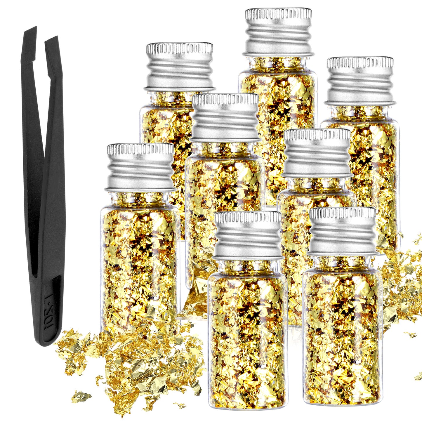 8Pcs Decorative Gold Leaf, Multifunction Gold Flakes Cake Decoration Baking Foil Decor with Plastic Tweezers for Cooking Dessert Steak Decoration Crafts Makeup