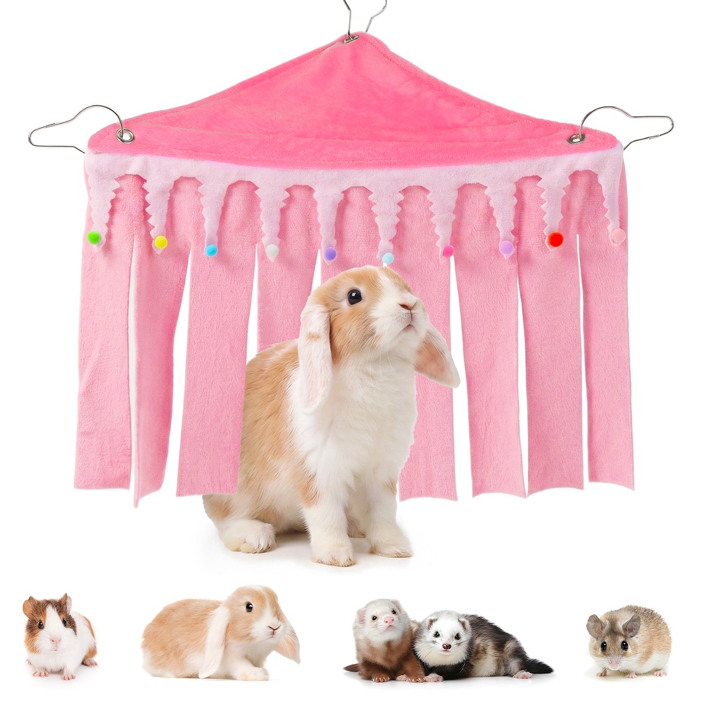 Kynigo Guinea Pig Hideout, Small Animal Hideout Corner Fleece Tent with Hammock, Guinea Pig Cage Accessories for Bunny, Chinchilla, Hamster (Pink, 30x40x30cm)