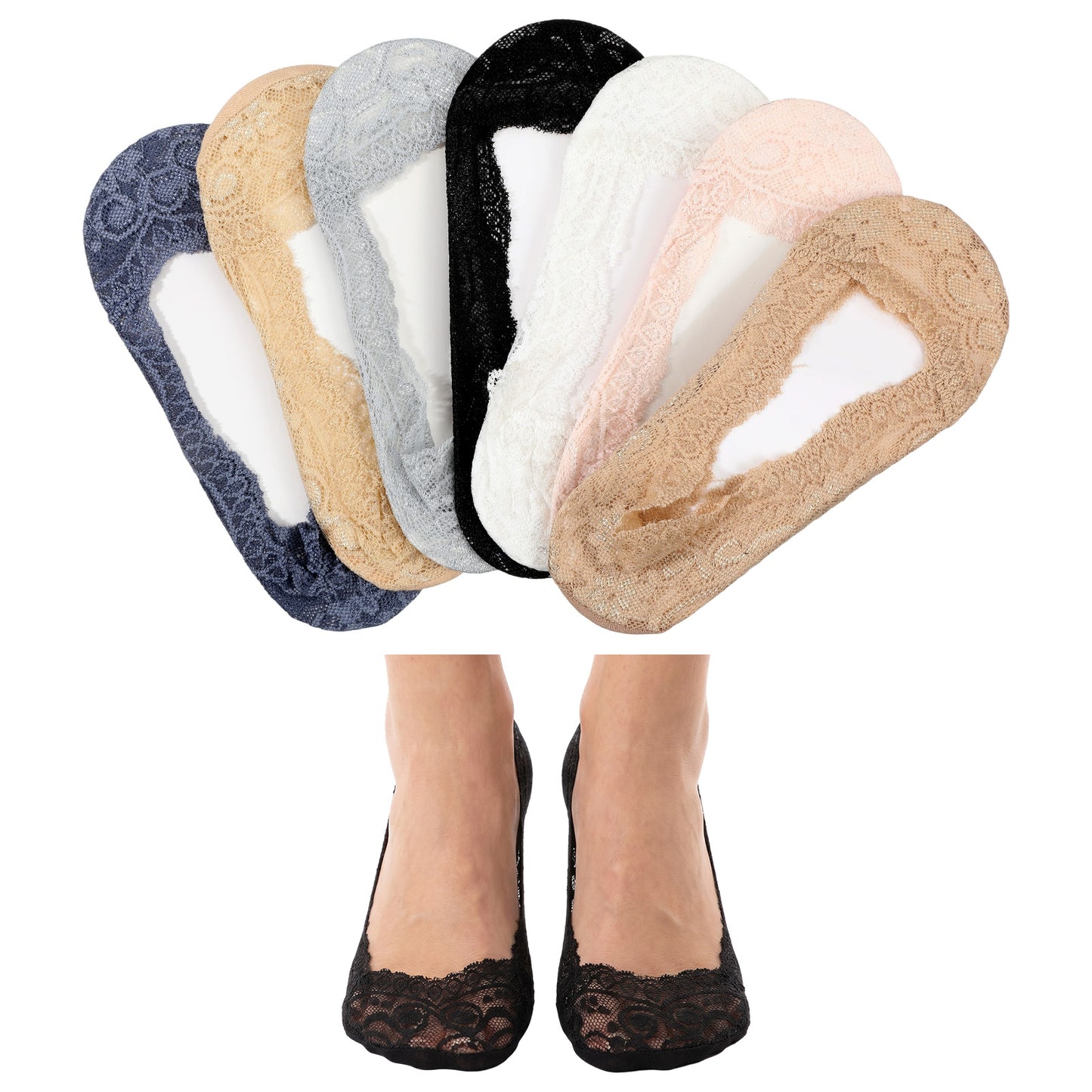 Thinp 7 Pairs Women Lace No Show Socks, Non-Slip & Invisible Lace Socks for Women Cotton No Show Sock Low Cut Thin Sock with Laces Trim for Womens Loafers Flats
