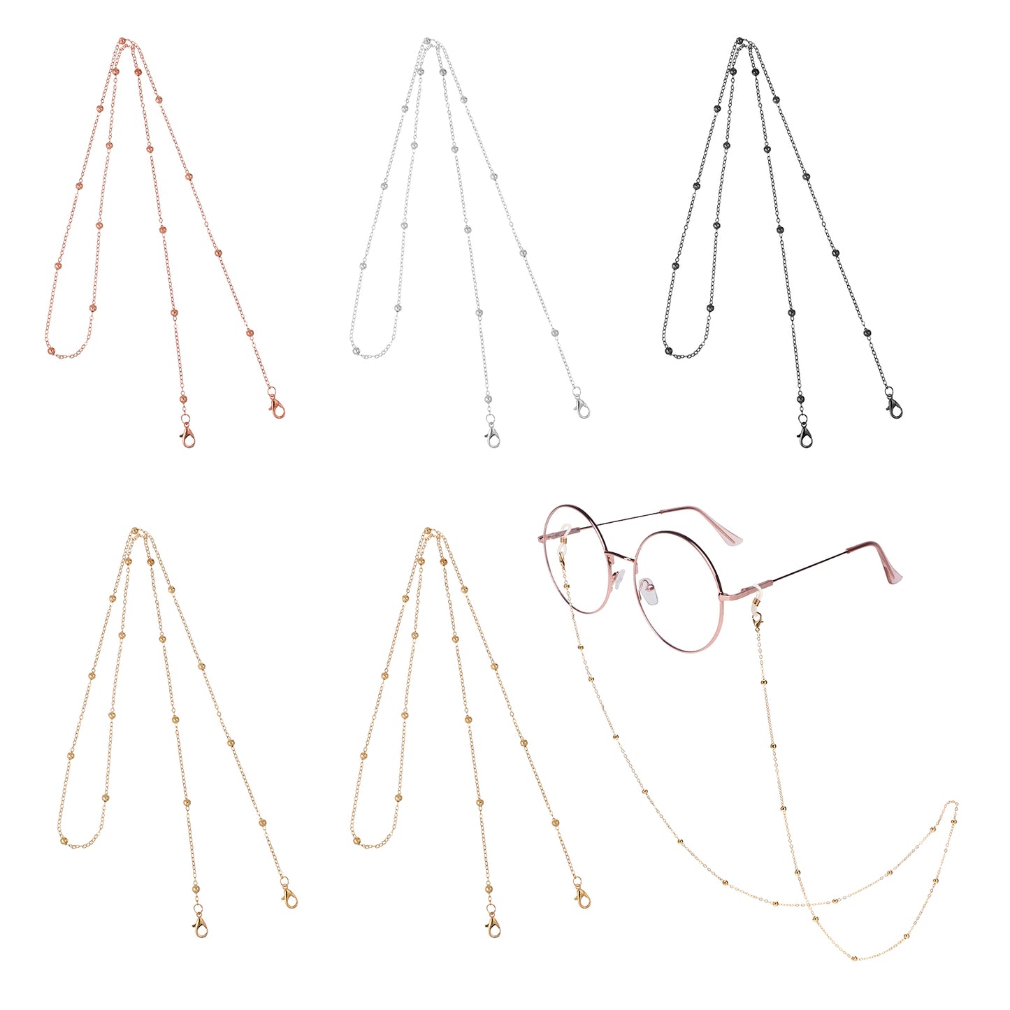 5Pcs Eyeglass Chain for Women, Adjustable Glasses Holder Neck Strap with Anti-Slip Silicone Loops, Fashion Beaded Glasses Lanyard for Reading Glasses Sunglasses, Eyewear Retainer Accessory Chain