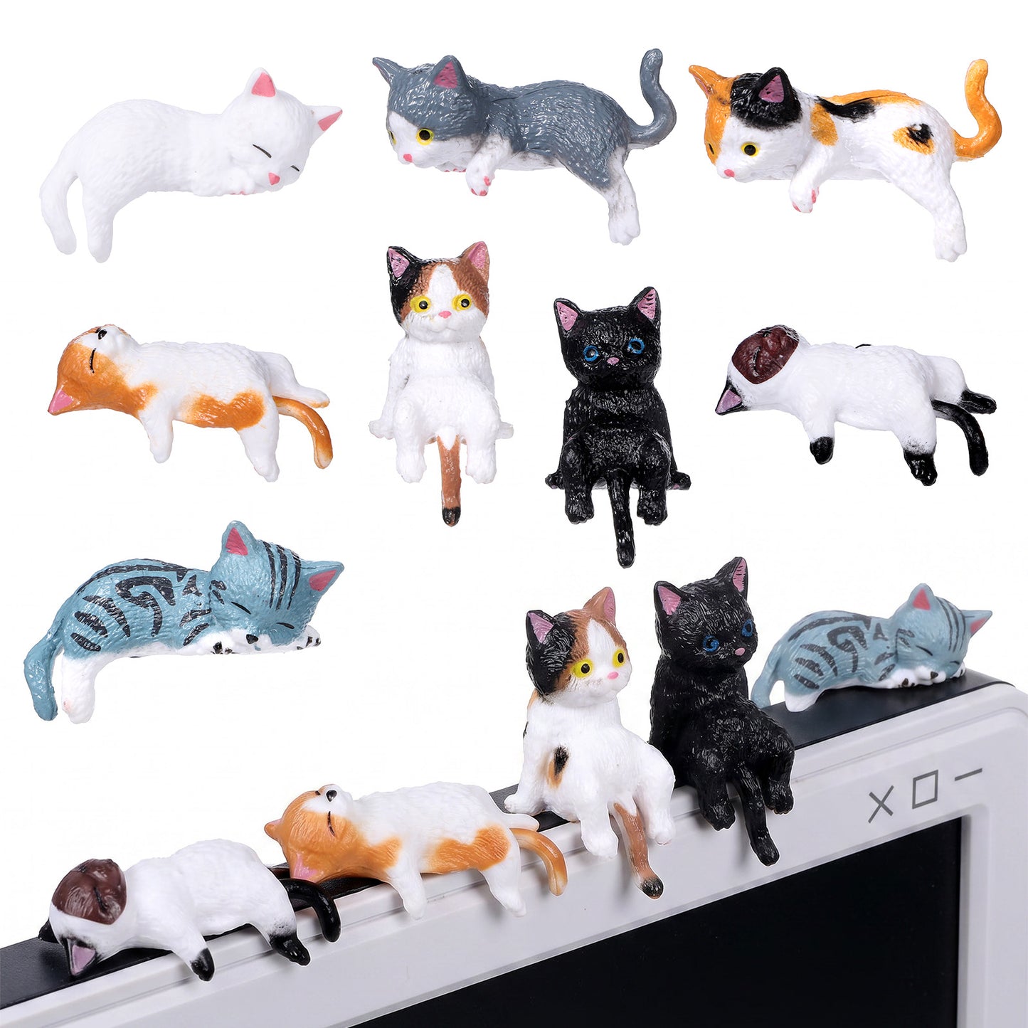 Aysatogc 8 Pcs Cat Car Dashboard Decorations, Mini Cat Figurines Cute Car Rear View Mirror Accessories Funny Resin Animal Ornament for Computer Monitors, Car Screens, Desks