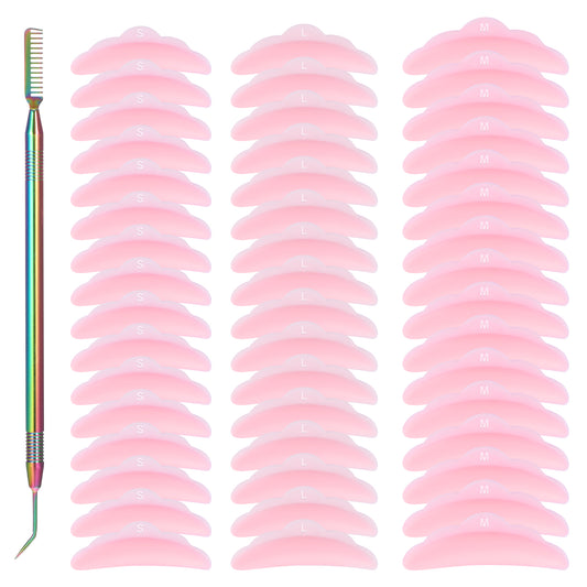 ZEYIYER 48 Pieces Lash Lift Rods, Silicone Eyelash Curler Pads (S, M, L), Lash Lift Shields with Stainless Steel Eyelash Perm Separator Lift Tools for Lash Lift Beauty Tool(Pink)