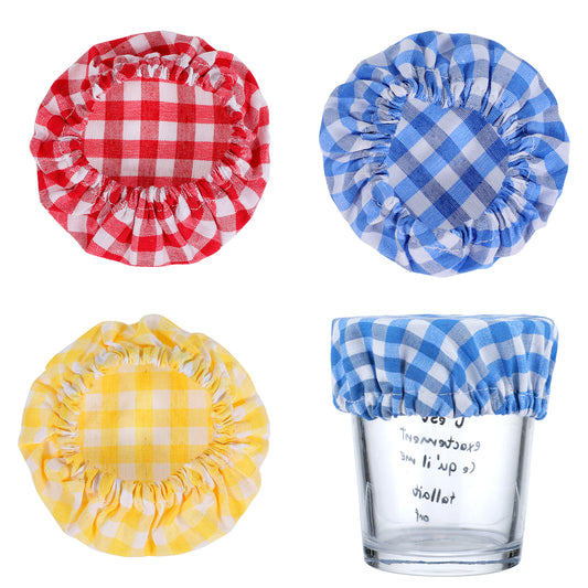 ZEYIYER 3 PCS Canning Jar Lids, 8-10 cm Cloth Bowl Covers Plaid Cotton Cloth Reusable Cheese Bread Fermentation Jar Covers Elastic Preserving Lids for Jar Mouth