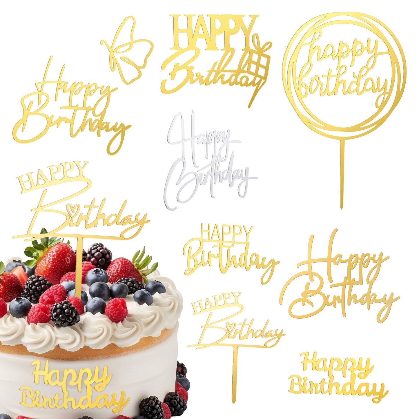 ZEYIYER 8PCS Happy Birthday Cake Toppers, Acrylic Mirror Happy Birthday Cake Topper, Double-Sided Glitter Birthday Cake Decorations, Happy Birthday Cake Sign for Birthday Party Supplies