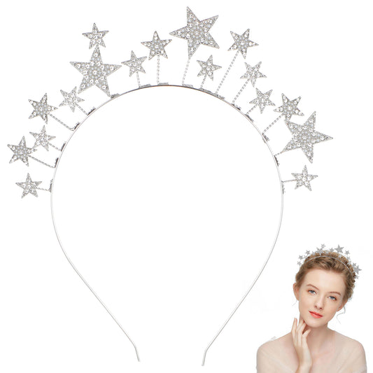 ZEYIYER 7.48in Rhinestone Silver Star Headband Crown Hair Accessories Costume, Princess Hair Hoop Party Wedding Hair Accessories for Women and Girls