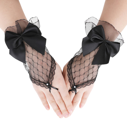 Thinp Women Short Lace Gloves Women's Wedding Bow Fingerless Gloves One Size Costume Accessories Bridal Wrist Gloves for Opera Evening Wedding Tea Party Prom Cosplay (Black)