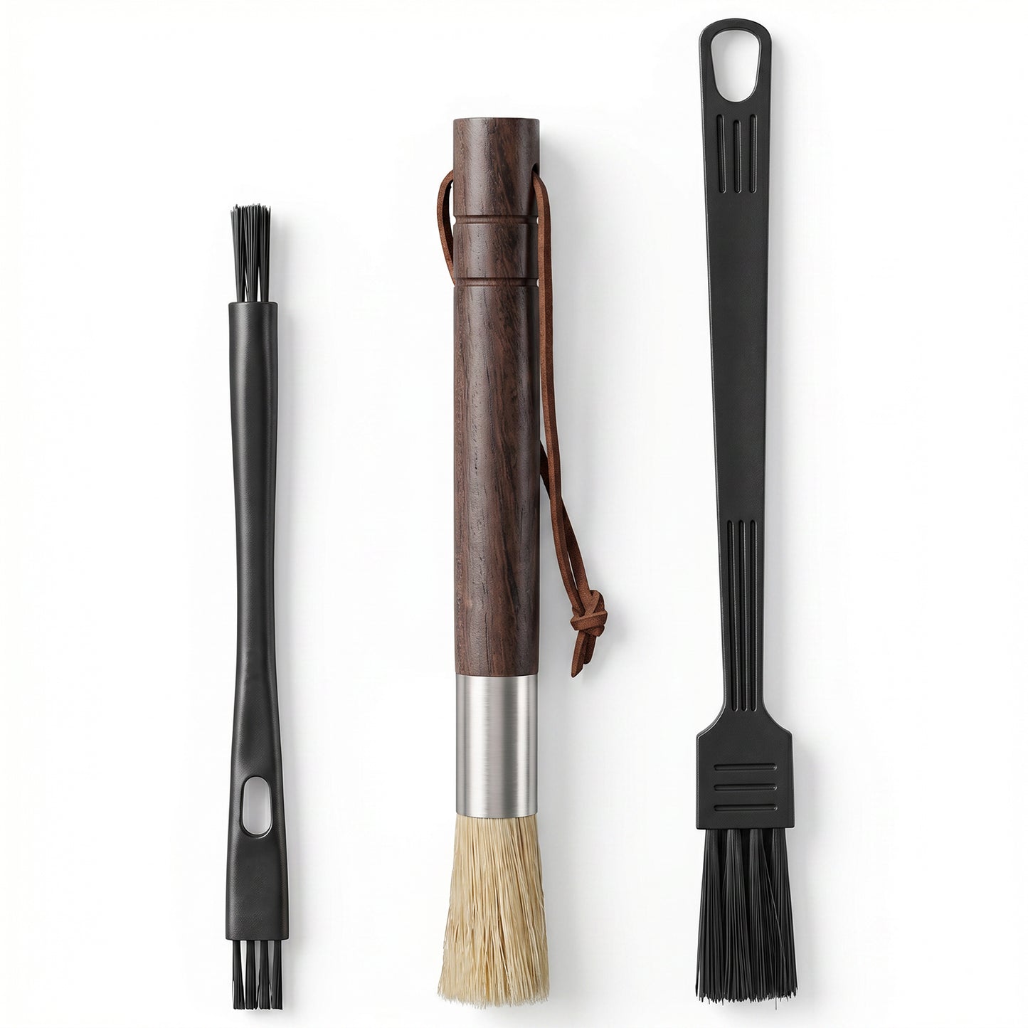 Coffee Grinder Cleaning Brush Set with Walnut Wood Handle and Natural Boar Bristles, Espresso Machine Cleaner Tool for Barista and Home Kitchen, Includes Three Brushes