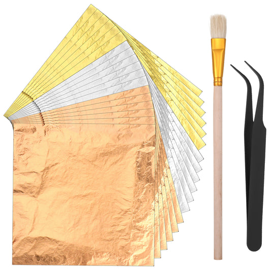 "150 Pcs Gold Leaf Sheets for Art, 5.5"" x 5.5"" Gold Foil Sheets with Tweezers and Gilding Brush Imitation Silver Foil Paper for DIY Crafts Painting Resin Nails Gilding Bronzing Furniture (Gold, Silv