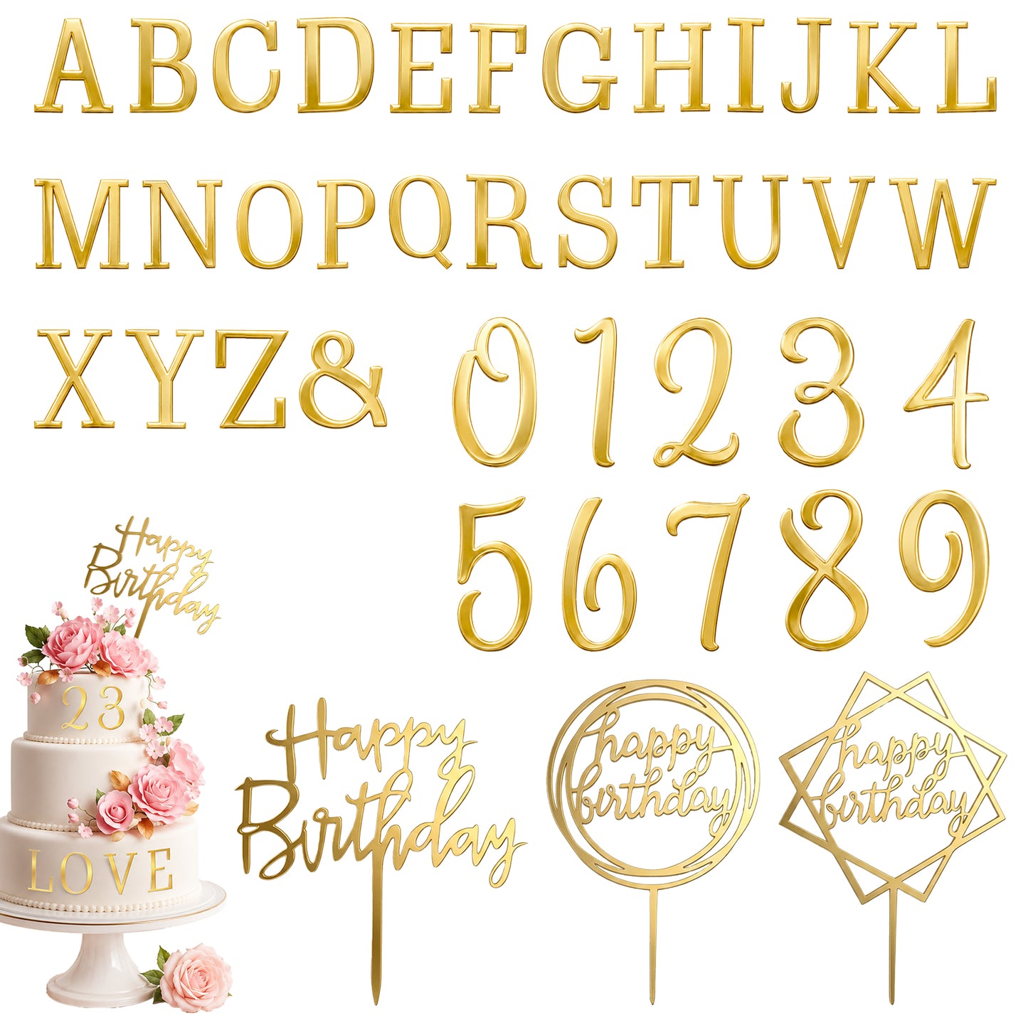 40 Pcs Gold Cake Letters Topper, A-Z Alphabet and 0-9 Number, Acrylic DIY Personalized Name Cake Toppers for Wedding Anniversary Baby Shower Party Birthday Supplies