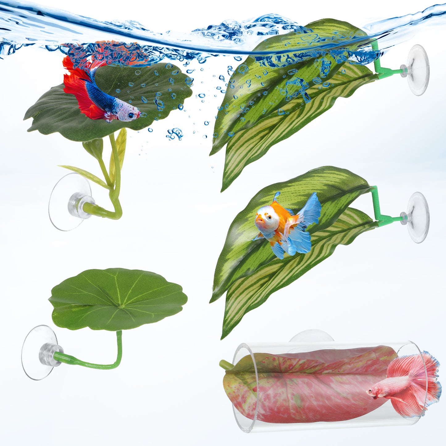 Dplolng 5pcs Betta Hammock & Fish Toys Set,Betta Leaf Hammock Soft Aquarium Decor Plastic Plants Clear Tube Tunnel with Spare Suction Cups for Sleeping Resting Hiding Playing