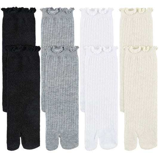 Aysatogc 4 Pairs Tabi Socks Women Split Two Toe Socks Japanese Toes Separated Sock Ruffle Frilly Sports Casual Sock for Men Women Unisex
