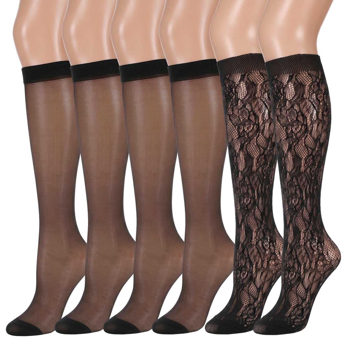 ZEYIYER 6Pairs Black Knee High Stockings, 4 Sheer Nylon Socks+ 2 Fishnet Lace Stockings, Elastic Lace Hollow Knee High Socks for Women
