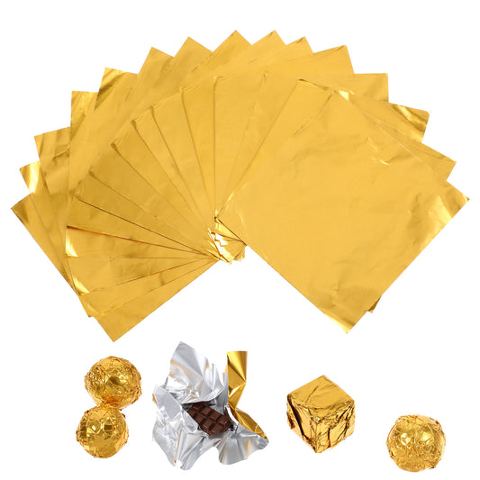 YQQYG 100 Pcs Chocolate Wrappers 4" x 4" Square Chocolate Wrappers, Gold Aluminum Foil Candy Wrappers for Homemade Candy, Individual Chocolate Packaging for Christmas Wedding Birthday Valentine's Day