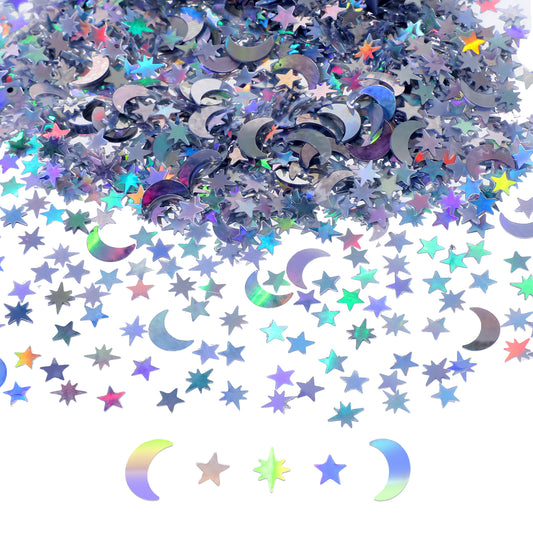 ZEYIYER 4000PCS Glitter Stars Table Confetti, 45g Star Moon Sequins Confetti Holographic Rainbow Colors Foil Confetti Silver Scatter Sequins for Wedding Party Birthday Festival Decorations