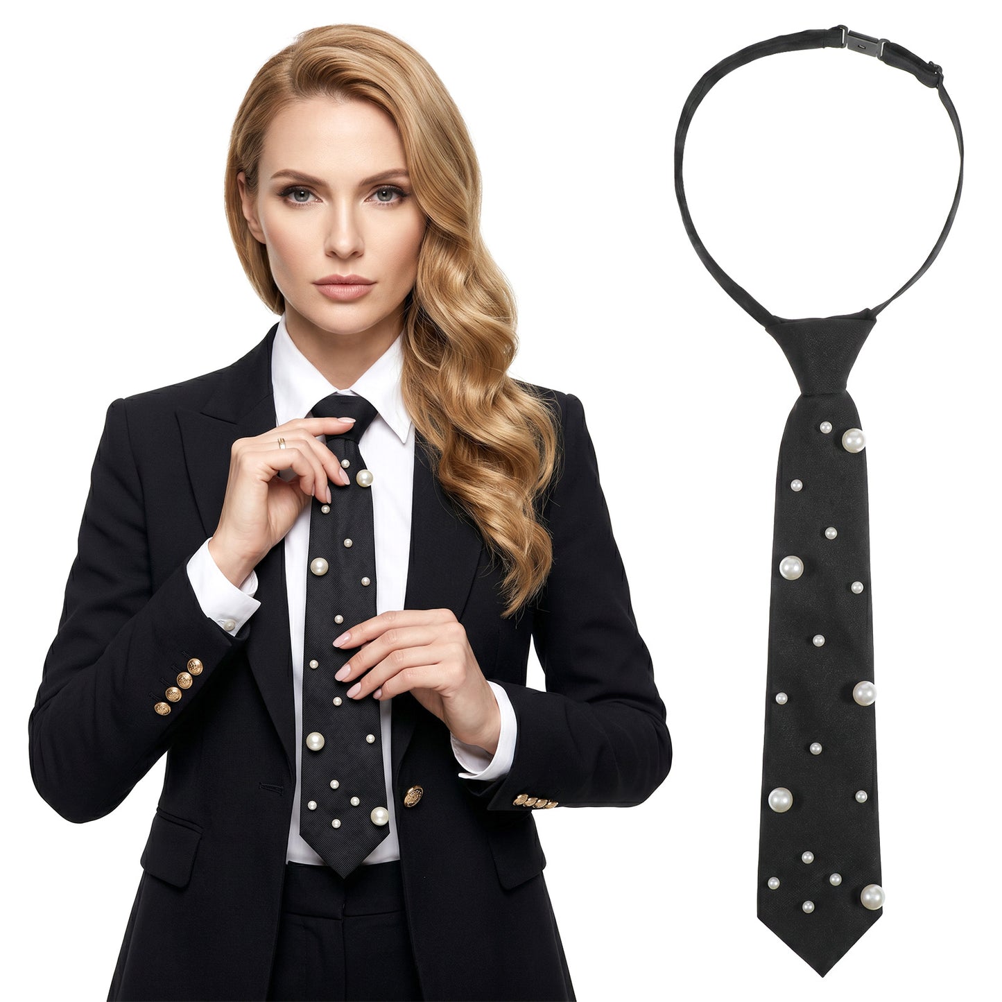 Black Pre-Tied Ties with Pearls, Adjustable Pre-Tied Ties for Women and Men, Elegant Pearl Tie, Fashion Uniform Neckties for Party, Prom, Banquet, Date, Formal Event, Business Meeting and Cosplay