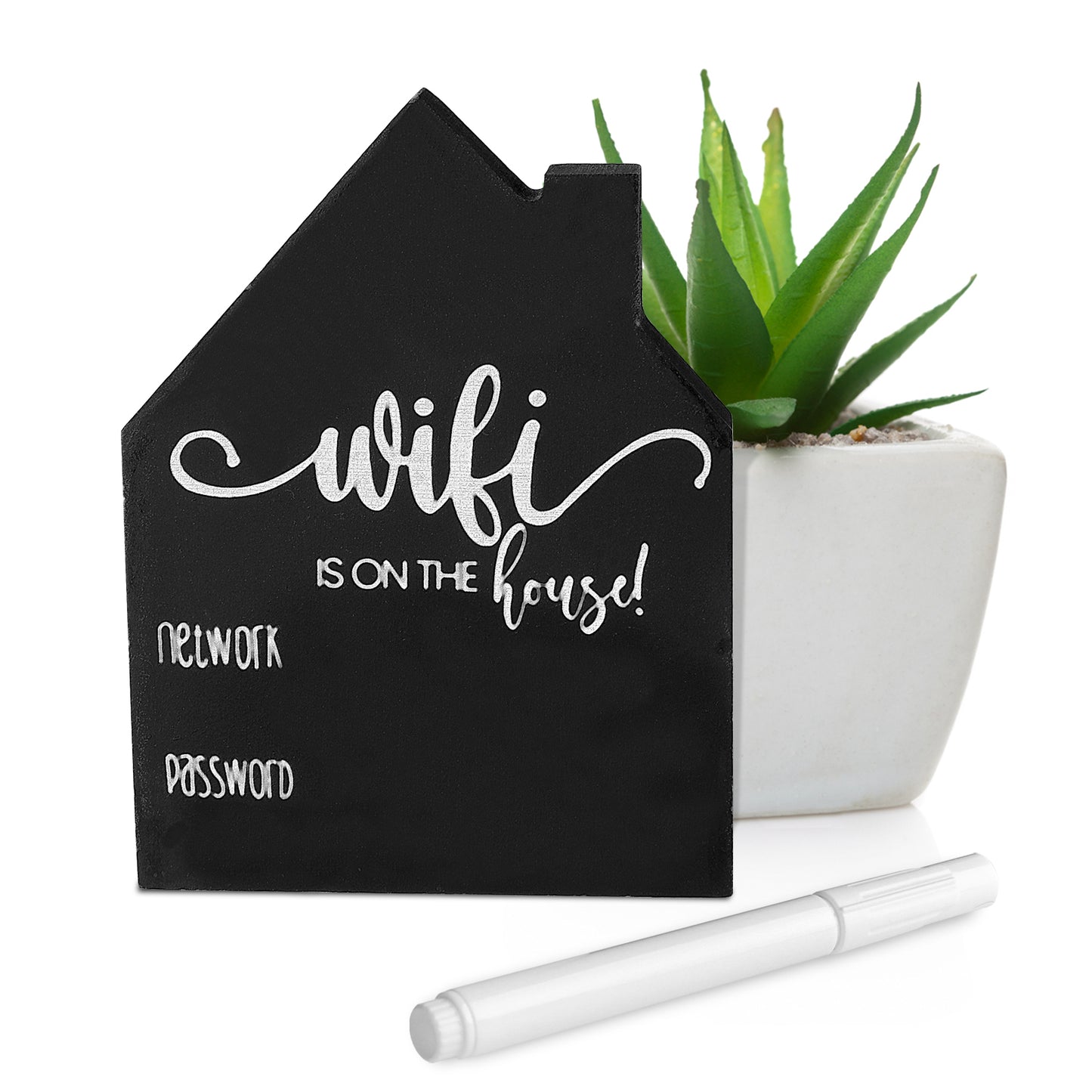 ZEYIYER Guest WiFi Password Sign, Wooden WiFi Password Sign with Pen for Home, Chalkboard Style House Shape WiFi Sign for Home Business Guest Room