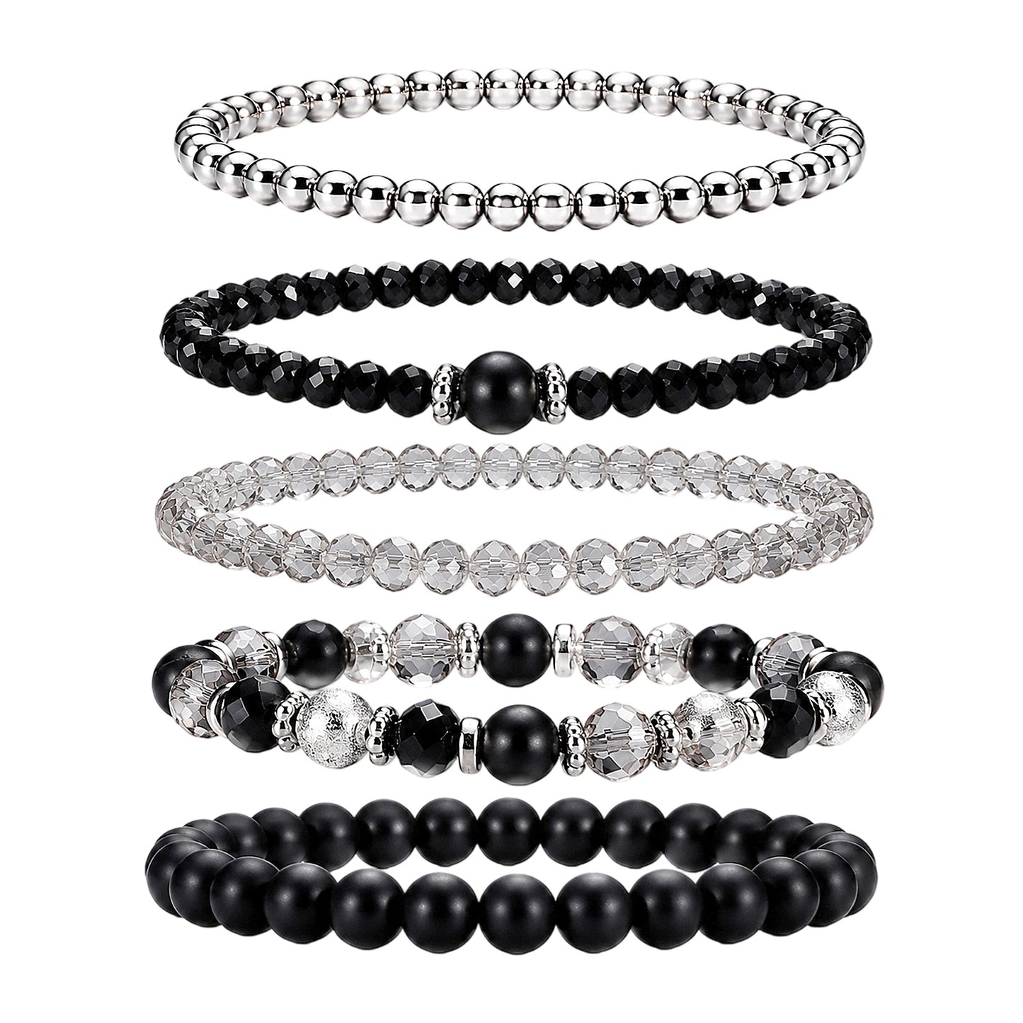 Yuomeaz 5 PCS Black Beaded Bracelets, Stackable Black Bangles Silver Ball Bracelet for Women Trendy Crystal Bead Bracelets for Men Women Jewelry Accessories