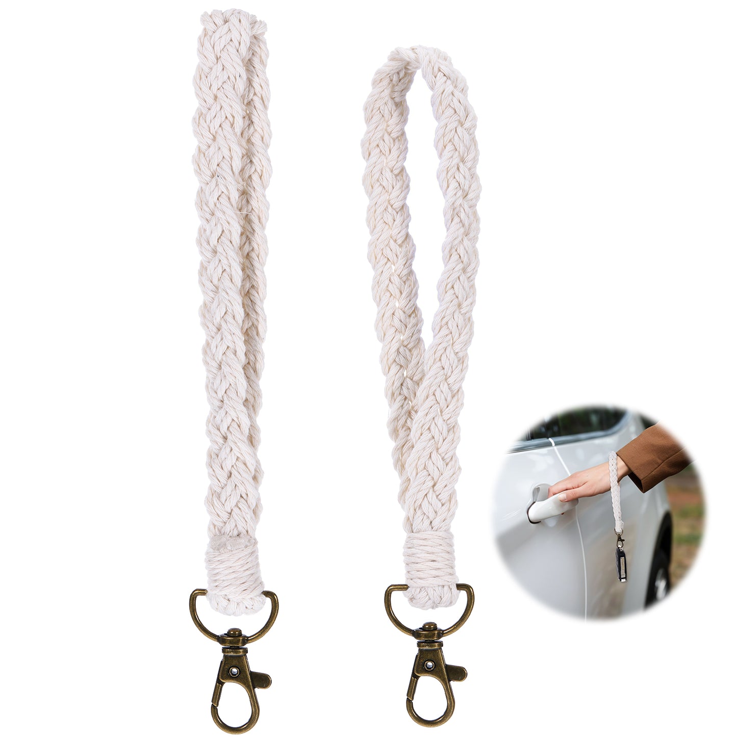 YQQYG 2PCS Macrame Keychain Boho Handmade Wristlet Keychain, Bohemian Wrist Lanyard Key Chain for Women, Beige White