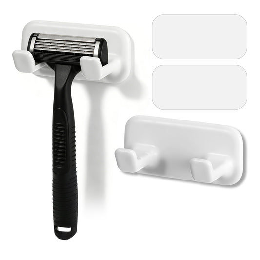 Axafazup 2 Pack White Self-Adhesive Razor Holder for Shower, Removable Reusable Waterproof Shaver Hanger Hooks, for Hanging Towels, Keys, Hats, Loofah, Hair Brush, Bathroom Kitchen Accessories
