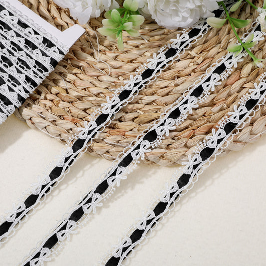 10 Yards Black Bow Lace Trim Black Lace Ribbon Vintage Laces Pleated Fabric Vintage Laces Trims with Assorted Crochet & Sewing Patterns for Wedding Decor,Gift Wrapping