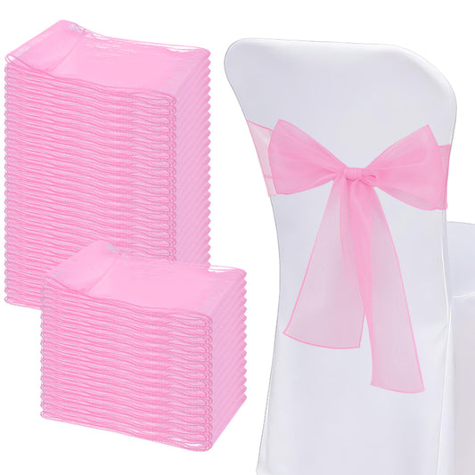 Aysatogc 10PCS Pink Chair Sashes, Elegant Organza Chair Bows Sheer Ribbon Tie Back Universal Chiffon Chair Knots Ties for Wedding Classroom Banquet Party Decoration