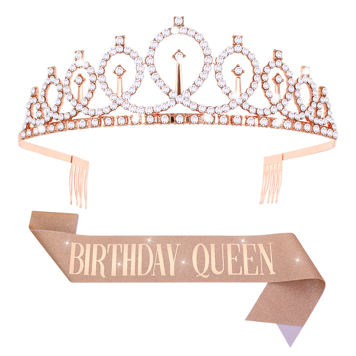 ASTER Birthday Queen Sash & Tiara, Rose Gold Rhinestone Crown and Glitter Birthday Sash Birthday Decorations Gifts for Women Happy Birthday Party Favor