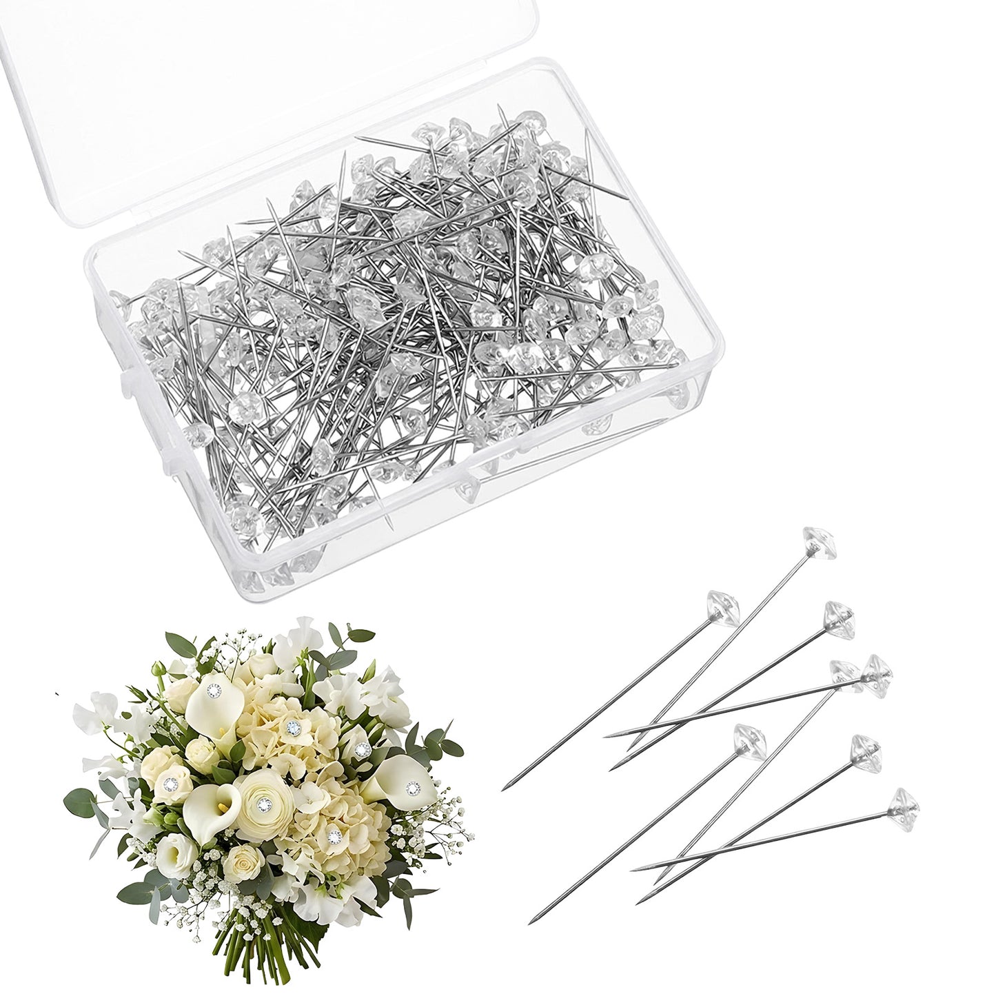 200 Pcs Diamond Corsage Pins, 1.5 Inch Clear Crystal Rhinestone Floral Pins, Straight Boutonniere Pins for Wedding Bouquets, Bridal Hair Accessories, DIY Craft Sewing