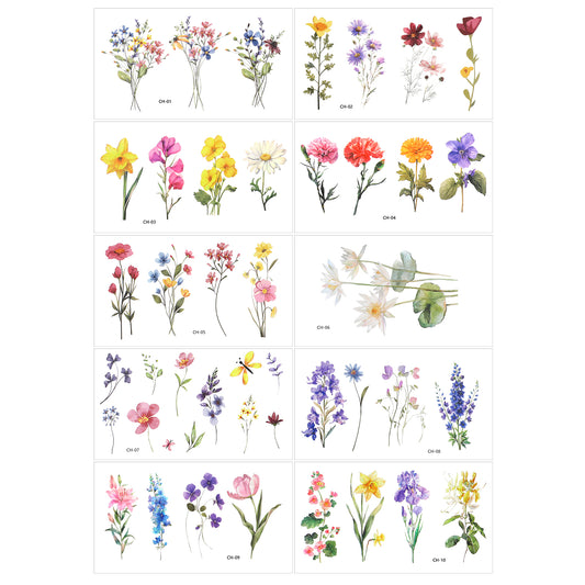 10 Sheets Wildflower Temporary Tattoos, Flower Temporary Tattoos Stickers, Small Wildflower Floral Temporary-Tattoo for Birthday Decorations, Party Supplies, School Rewards Gifts, Body Art Decoration