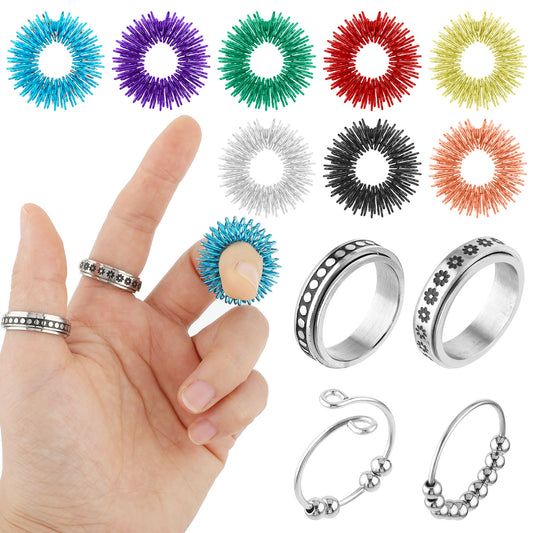 ASTER Fidget Anxiety Rings for Women, 12 Pieces Stainless Steel Adjustable Anti Anxiety Thumb Rings Including 4 Spinner Rings and 8 Spiked Sensory Rings for Women Men Teen Girls