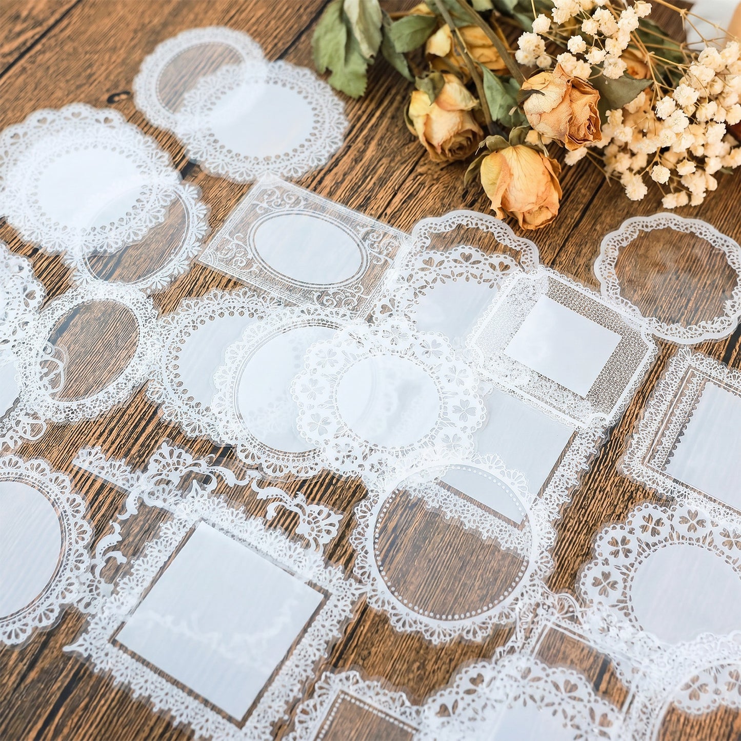 120 PCs Lace Scrapbook Stickers, Waterproof Cutout Transparent Sticker PET Transparent Lace Stickers for Scrapbooking DIY Decoration Making Notebook Frame Album Handmade