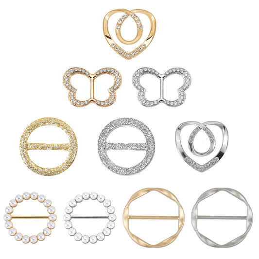 10 Pcs Shirt Ties Clips for Women, Metal Fashion Scarf Rings with Storage Bag, Gold and Silver Shirt Cinch Clip, Shirts Clips to Tighten for Clothes Hat Belt Decor (Round/Butterfly/Heart)
