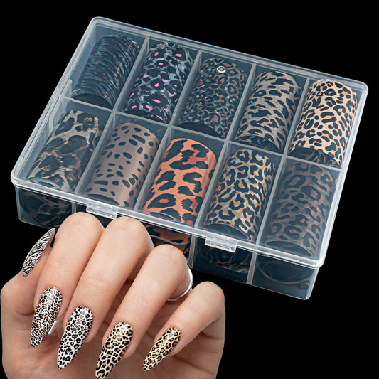 10 Rolls Leopard Print Nail Art Foils Transfer Stickers Laser Paper Manicure Design Decals with Box Nail Art Accessories for Women Nails Decorations
