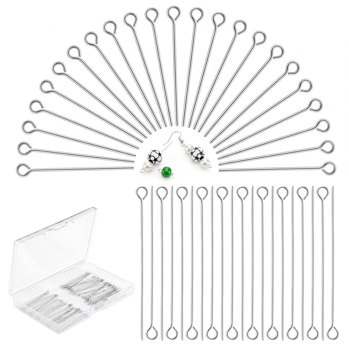 400 Pcs Eye Pins for Jewelry Making, 1.6 Inch Stainless Steel Head Pins Silver Open Eye Pins for DIY Earrings Necklaces Bracelets Bead Making