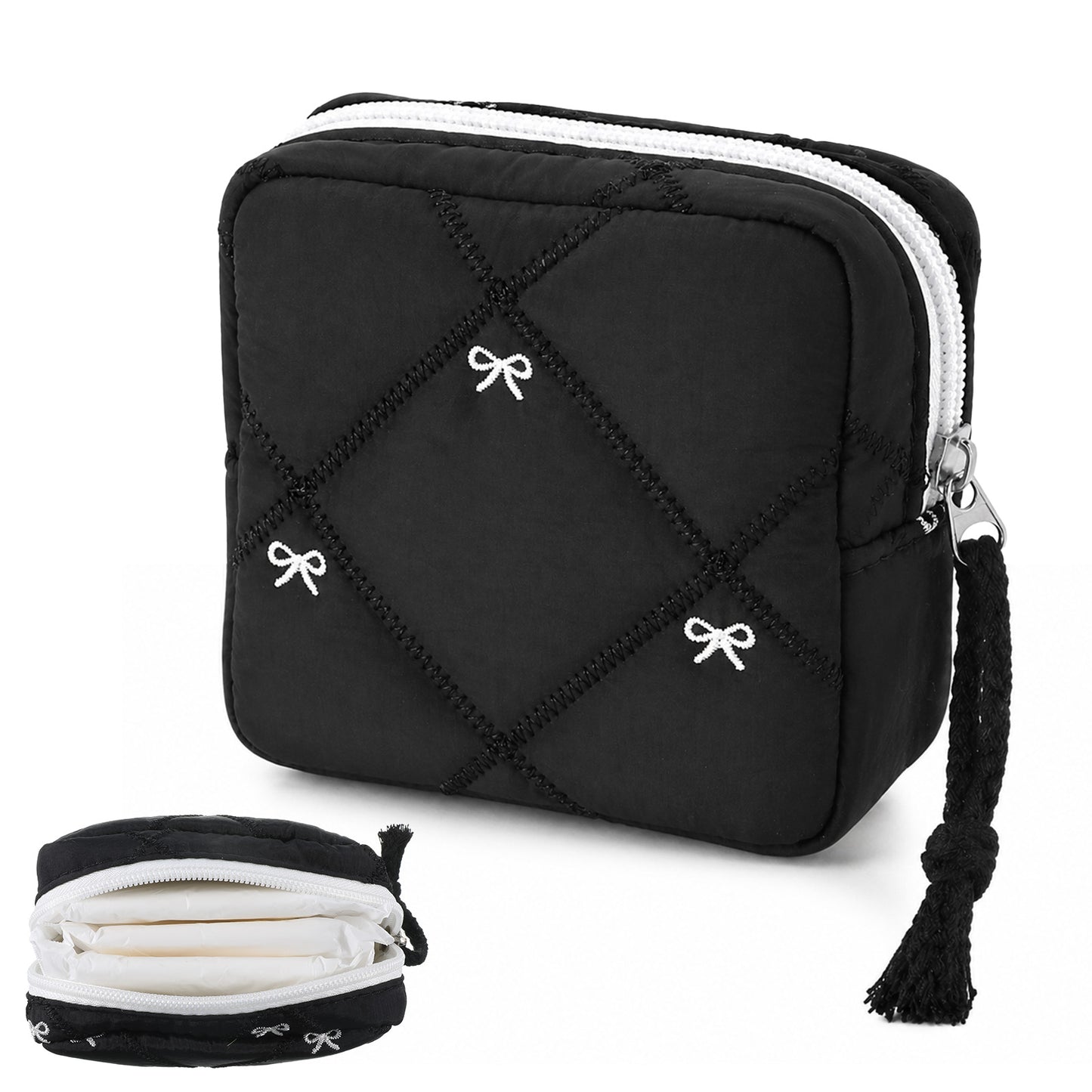 Grevosea Period Bag for Teen Girls, Cute Bow Period Pouch Sanitary Pad Pouch Storage Bag Tampon Holder for Purse Teen Period Kit Gifts (Black)