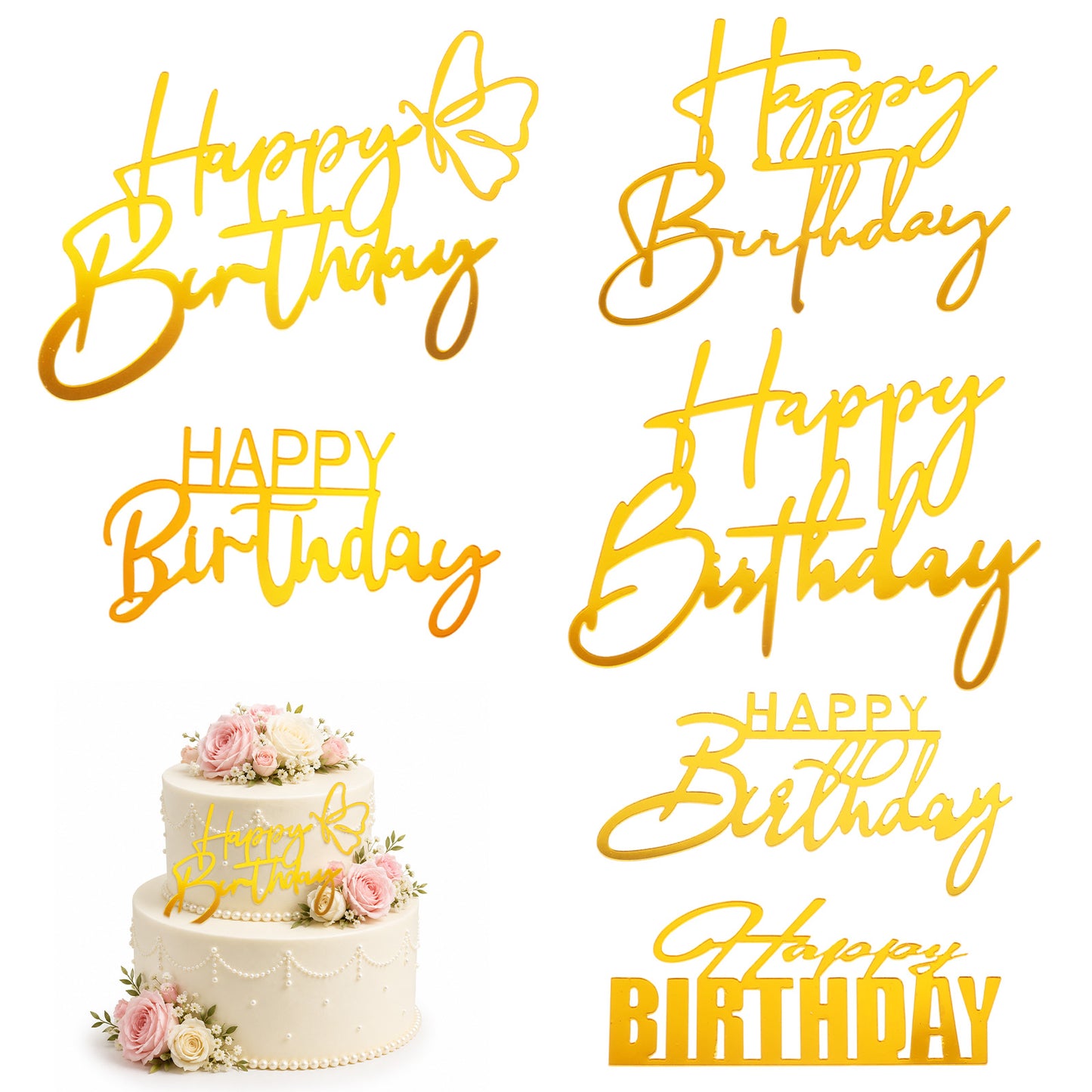 6 Pcs Gold Happy Birthday Cake Toppers, Mirror Side Cake Decor Plaques, Acrylic Birthday Party Cupcake Toppers for Celebration Event Decorations Supplies