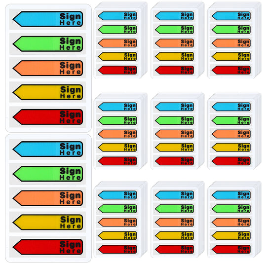 10 Pack 1000 Pcs Sign Here Tabs, Sticky Sign Here Stickers in 5 Colors, Arrow Flags Easy to Post for Paper, SignHere Message Flags for Office Notebook Annotating Books Notary Books