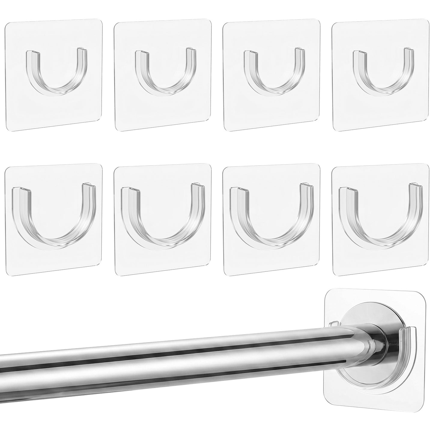 ZEYIYER 8Pcs Shower Curtain Rod Holder, Wall Mounted Shower Rod Holder, Self Adhesive Waterproof Curtains Pole Brackets, No Drilling Transparent Curtain Brackets for Bathroom Living Room