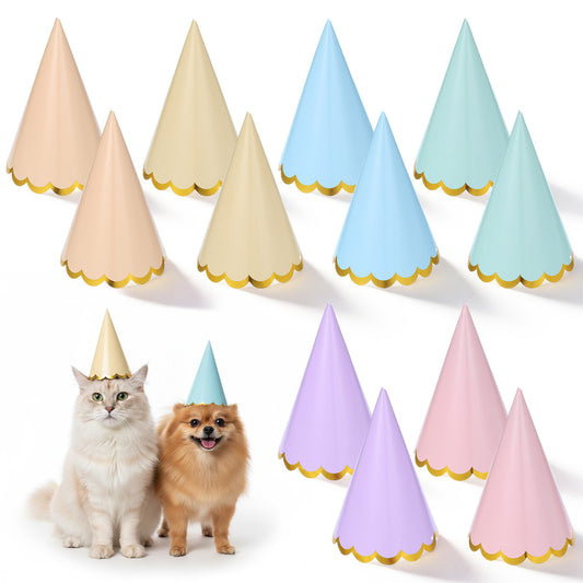 Aysatogc 12PCS Pastel Party Hats, Colorful Cone Birthday Hats Gold-Stamped Kids Party Hat with Elastic Cords Party Headwear for Birthday Baby Shower Bridal Celebration Wedding Party's Supplies