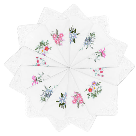 Aysatogc 12PCS Ladies Handkerchiefs, Embroidery Lace Handkerchiefs Vintage Floral Lace Hankies Cotton for Women Party Tea Wedding Party Favors